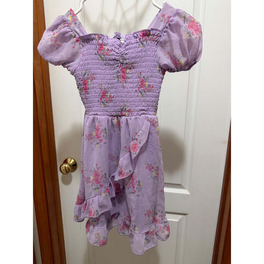 Lilt Girls Lilac Purple Floral Smocked Puff Sleeve Ruffle Chiffon Dress Size 6